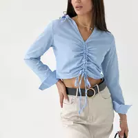Укороченная блуза с кулиской вдоль полочки - голубой цвет, M (есть размеры)