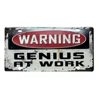 Вінтажна металева табличка Warning Genius at Work RESTEQ 30х15см. Декоративна металева вивіска для декору та інтер'єру